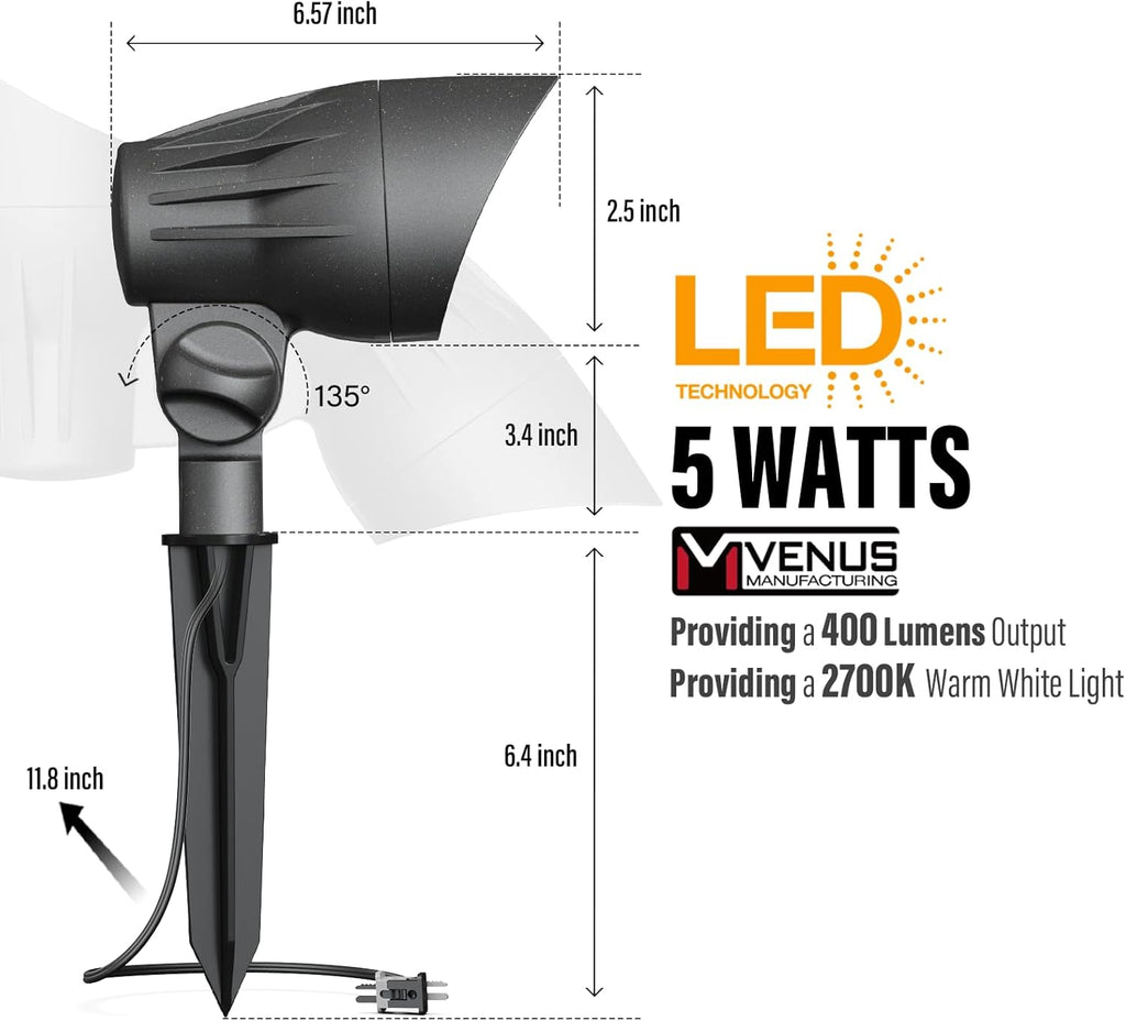 VENUS MANUFACTURING 4 Pack Low Voltage Landscape Flood Light 5Watt LED Outdoor Landscape Lighting Kits 400 Lumen Black Waterproof Spotlights 12V 2700K Warm White Metal Tree Lights for Garden & Yard - Venus Manufacture