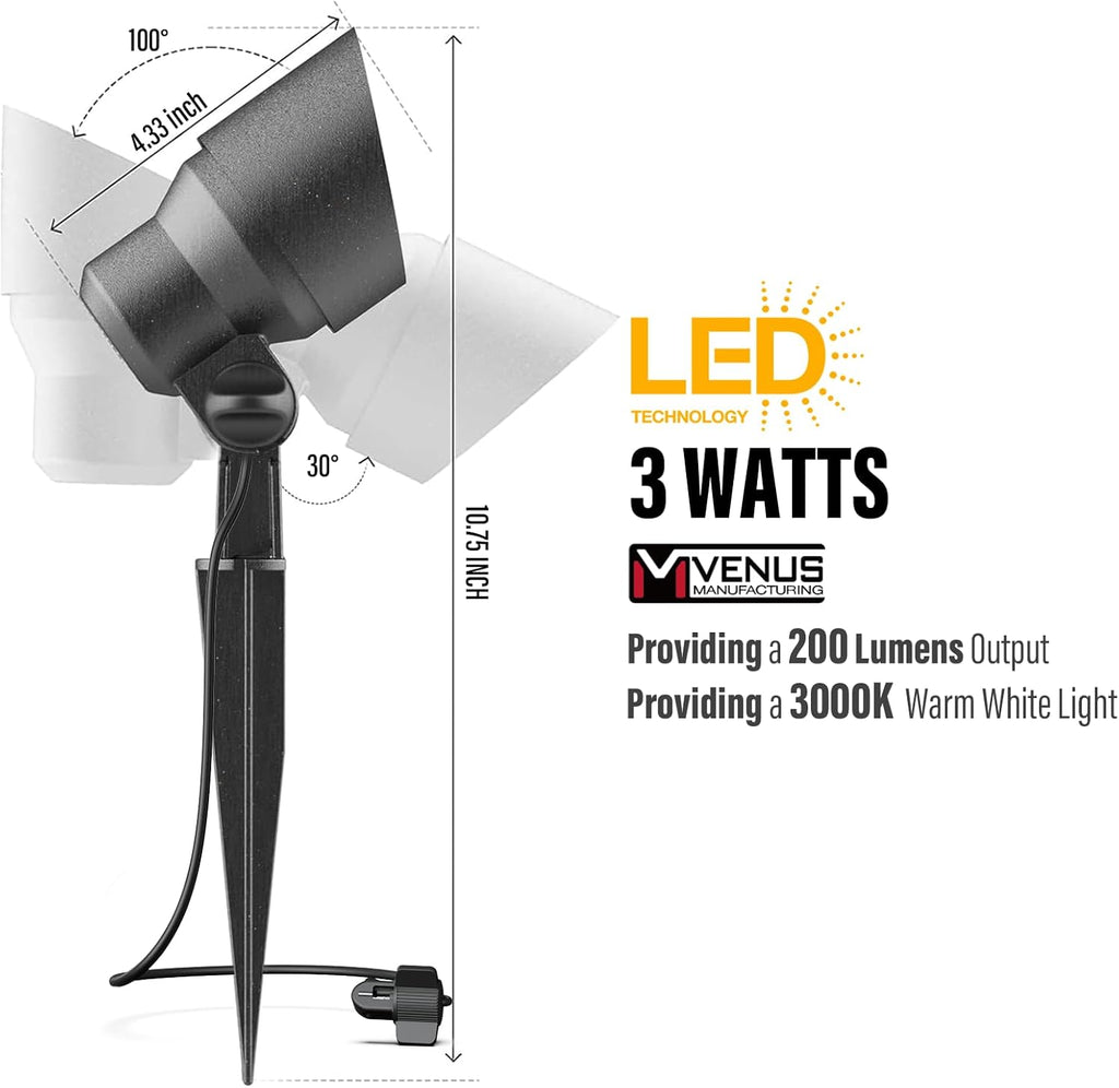 VENUS MANUFACTURING 6 Pack Low Voltage Landscape Spotlight 3W LED Outdoor Landscape Lighting Kits 200 Lumen Black Waterproof Flood Lights 12V 3000K Warm White Metal Tree Lights for Garden & Yard - Venus Manufacture