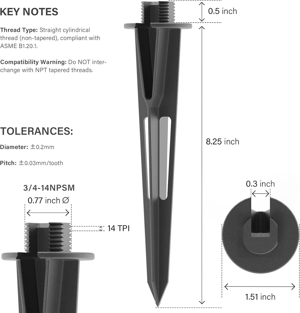 VENUS MANUFACTURING 6pcs 8.75” Landscape Lighting Metal Stakes 3/4 NPSM (0.77'' Thread Diameters) Path Light Replacement Ground Spikes Fit Malibu Outdoor Pathway Light & Spotlight/Floodlight Lights