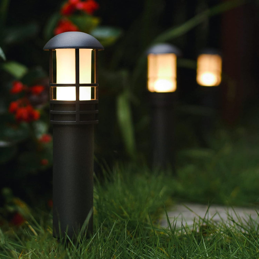 Low Voltage Bollard Lights 4PK Kits, 3W LED Outdoor Landscape Lighting 120Lumen Pathway Light 3000K Warm White Wired Walkway, Driveway & Sideway Lights Black Metal with Connector