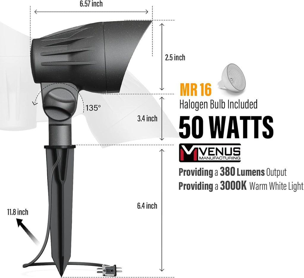 VENUS MANUFACTURING 4 Pack Low Voltage Landscape Flood Light 50W Halogen Outdoor Landscape Lighting Kits 380 Lumen Black Waterproof Spotlights 12V 3000K Warm White Metal Tree Lights for Garden & Yard - Venus Manufacture