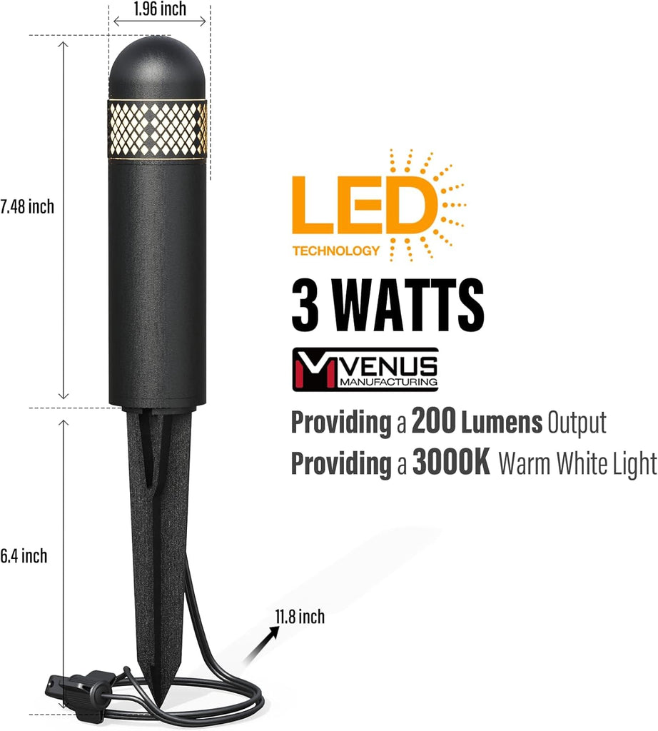 VENUS MANUFACTURING Low Voltage Landscape Lights LED Bollard Pathway Lights Kits 3W Outdoor Landscape Lighting 200Lumen Path Light 3000K Warm White Wired Walkway Sideway Path Lights