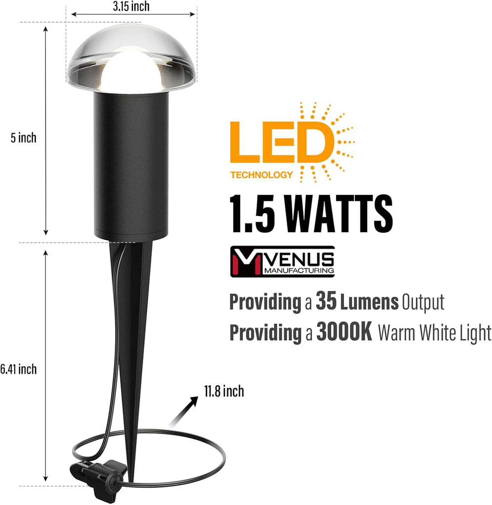VENUS MANUFACTURING Low Voltage Landscape Pathway Lighting 1.5W LED Mushroom Lights 35Lumen Wired Walkway Light 3000K Warm White Driveway & Sideway Lights Metal Black Finish with Connector Stake
