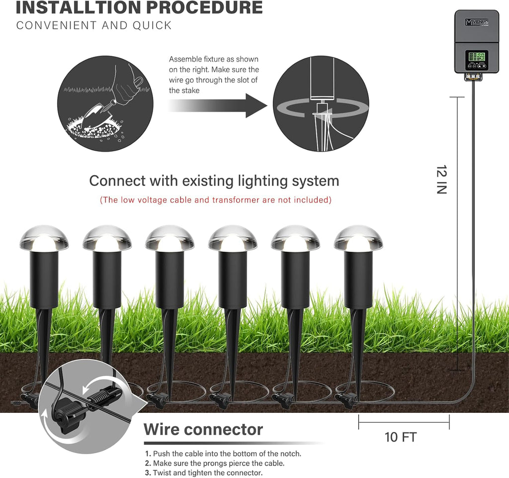 VENUS MANUFACTURING Low Voltage Landscape Pathway Lighting 1.5W LED Mushroom Lights 35Lumen Wired Walkway Light 3000K Warm White Driveway & Sideway Lights Metal Black Finish with Connector Stake