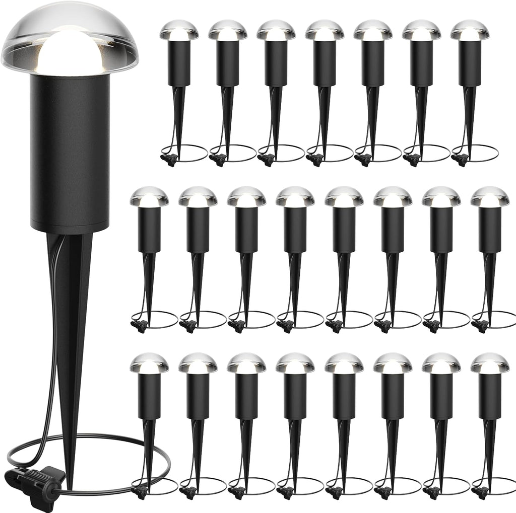 VENUS MANUFACTURING Low Voltage Landscape Pathway Lighting 1.5W LED Mushroom Lights 35Lumen Wired Walkway Light 3000K Warm White Driveway & Sideway Lights Metal Black Finish with Connector Stake