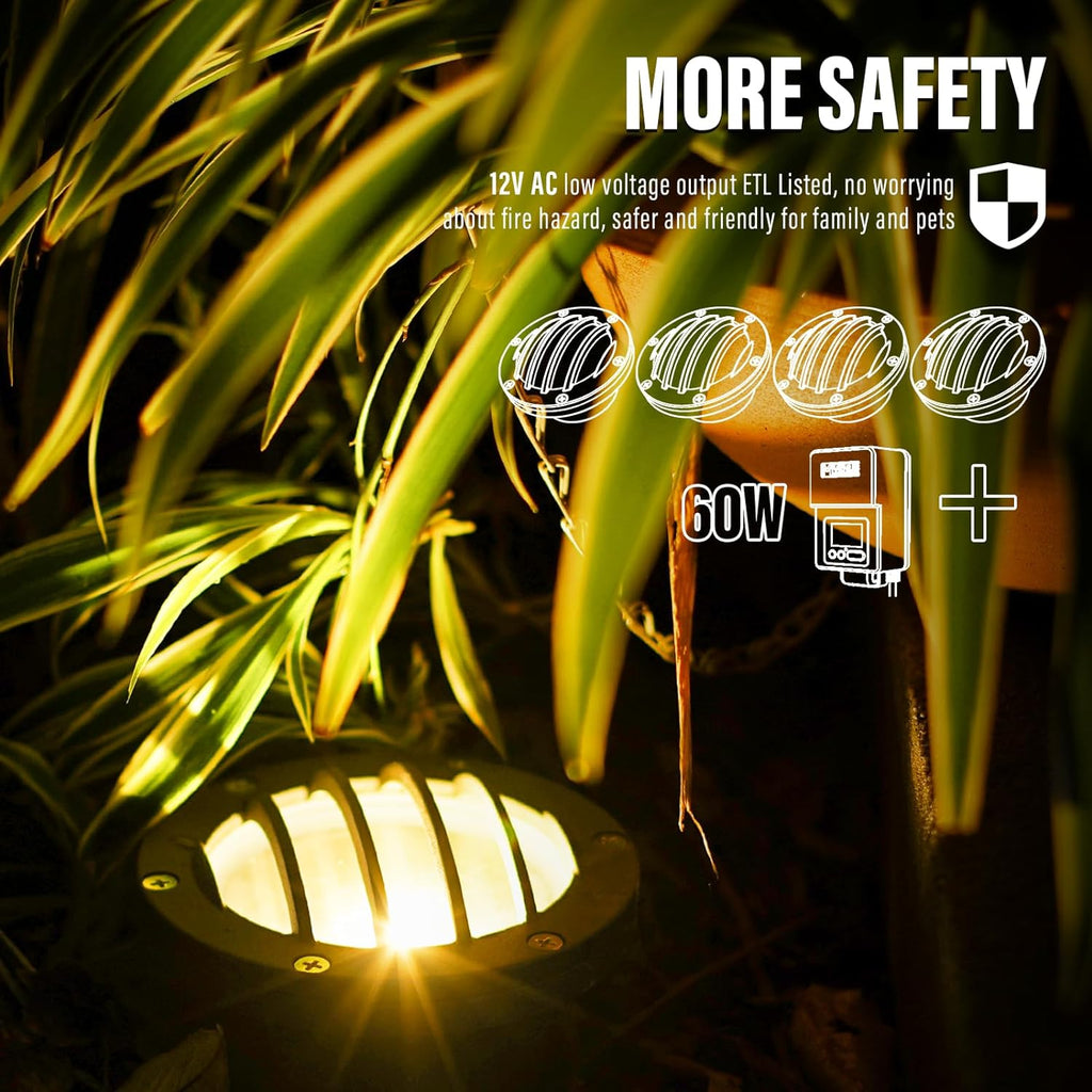 VENUS MANUFACUTING 4PK Low Voltage Well Lights In-ground Lighting 4W 200 Lumen Outdoor LED Landscape Lighting Kits Weatherproof 3100K Warm White 12V Yard, Tree, Garden, Yard, Fence Deck Up-Lights