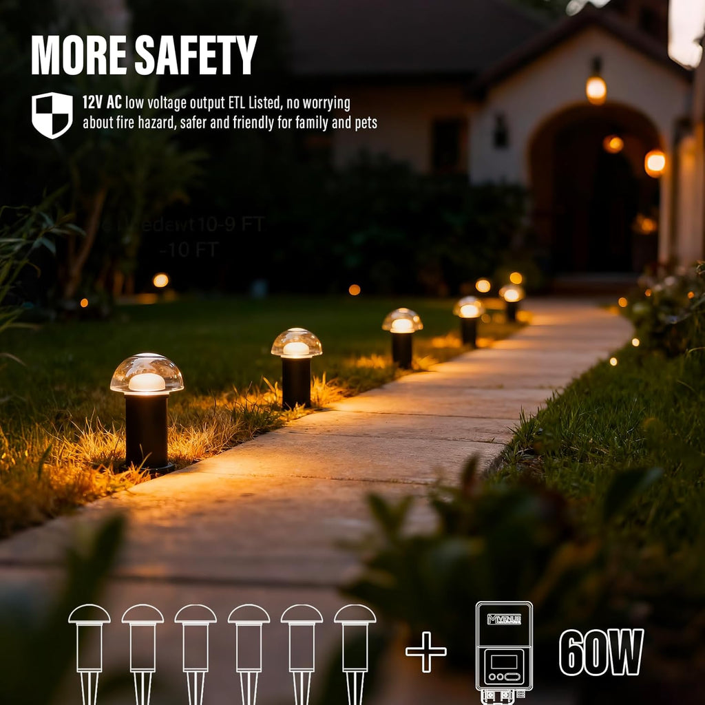 VENUS MANUFACTURING Low Voltage Landscape Pathway Lighting 1.5W LED Mushroom Lights 35Lumen Wired Walkway Light 3000K Warm White Driveway & Sideway Lights Metal Black Finish with Connector Stake