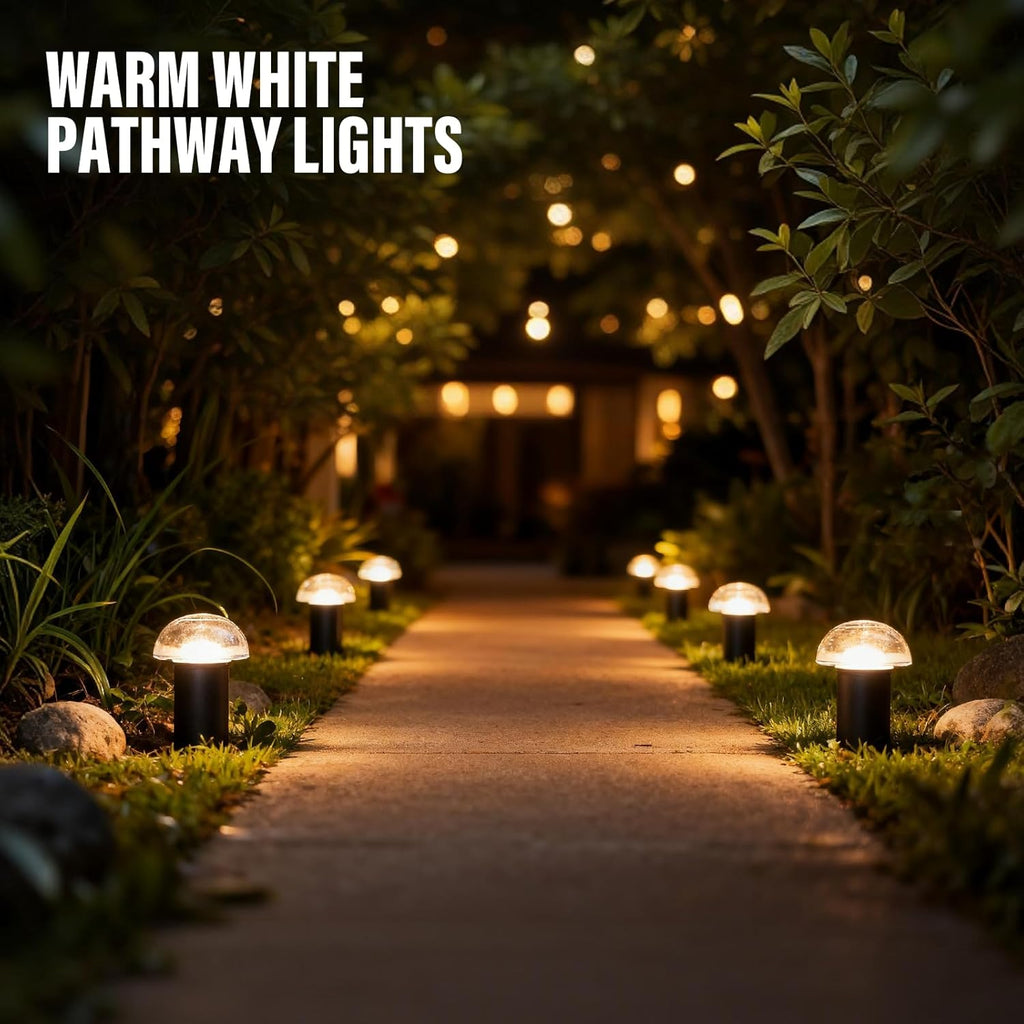 VENUS MANUFACTURING Low Voltage Landscape Pathway Lighting 1.5W LED Mushroom Lights 35Lumen Wired Walkway Light 3000K Warm White Driveway & Sideway Lights Metal Black Finish with Connector Stake
