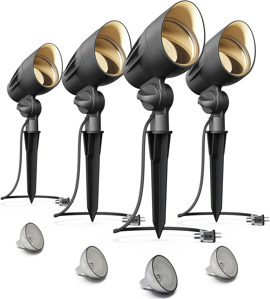 VENUS MANUFACTURING 4 Pack Low Voltage Landscape Flood Light 50W Halogen Outdoor Landscape Lighting Kits 380 Lumen Black Waterproof Spotlights 12V 3000K Warm White Metal Tree Lights for Garden & Yard - Venus Manufacture