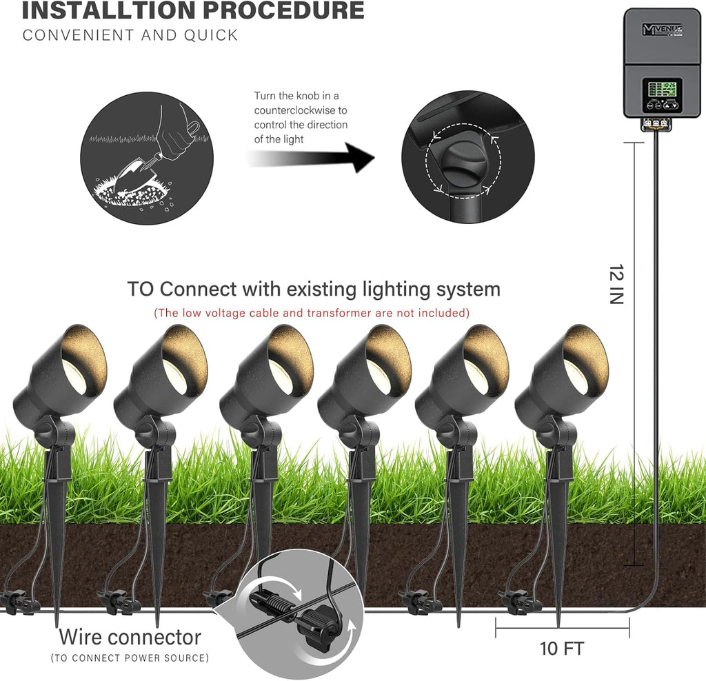 VENUS MANUFACTURING 6 Pack Low Voltage Landscape Spotlight 3W LED Outdoor Landscape Lighting Kits 200 Lumen Black Waterproof Flood Lights 12V 3000K Warm White Metal Tree Lights for Garden & Yard - Venus Manufacture