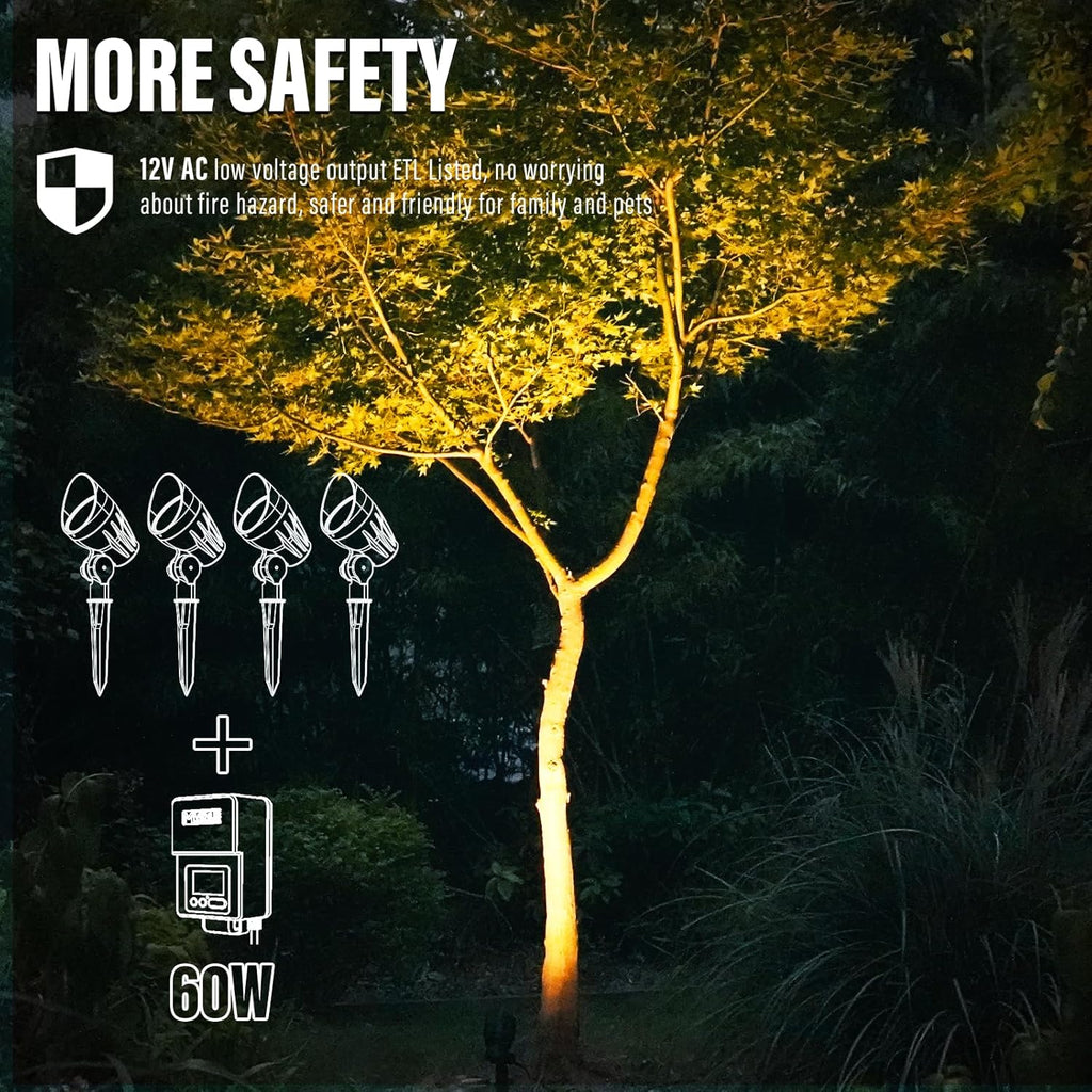 VENUS MANUFACTURING 4 Pack Low Voltage Landscape Flood Light 5Watt LED Outdoor Landscape Lighting Kits 400 Lumen Black Waterproof Spotlights 12V 2700K Warm White Metal Tree Lights for Garden & Yard - Venus Manufacture